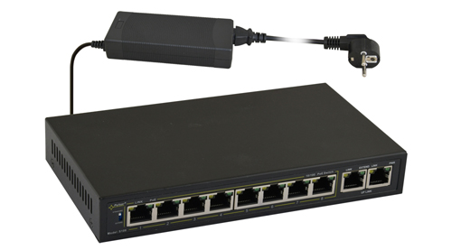 S108 Switch 10-portowy dla 8 kamer IP, 10 portów 10/100 Mb/s (8xPoE + 2xUPLINK) 8 portów IEEE 802.3af, 48VDC / 15,4W/port PULSAR