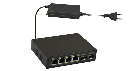 SFG64 Switch PoE 6-portowy do 4 kamer IP (4 porty PoE 10/100/1000Mb/s (transfer danych i zasilanie), 2 porty 10/100/1000Mb/s