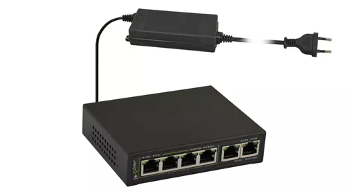 SG64 Switch 6-portowy dla 4 kamer IP 10/100/1000 Mb/s (4xPoE + 2xUPLINK) 4 porty IEEE 802.3af/at 52VDC/30W/port